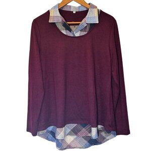 Kohl's Maroon with Plaid Long Sleeve Layered Look Collared Top Women's XL